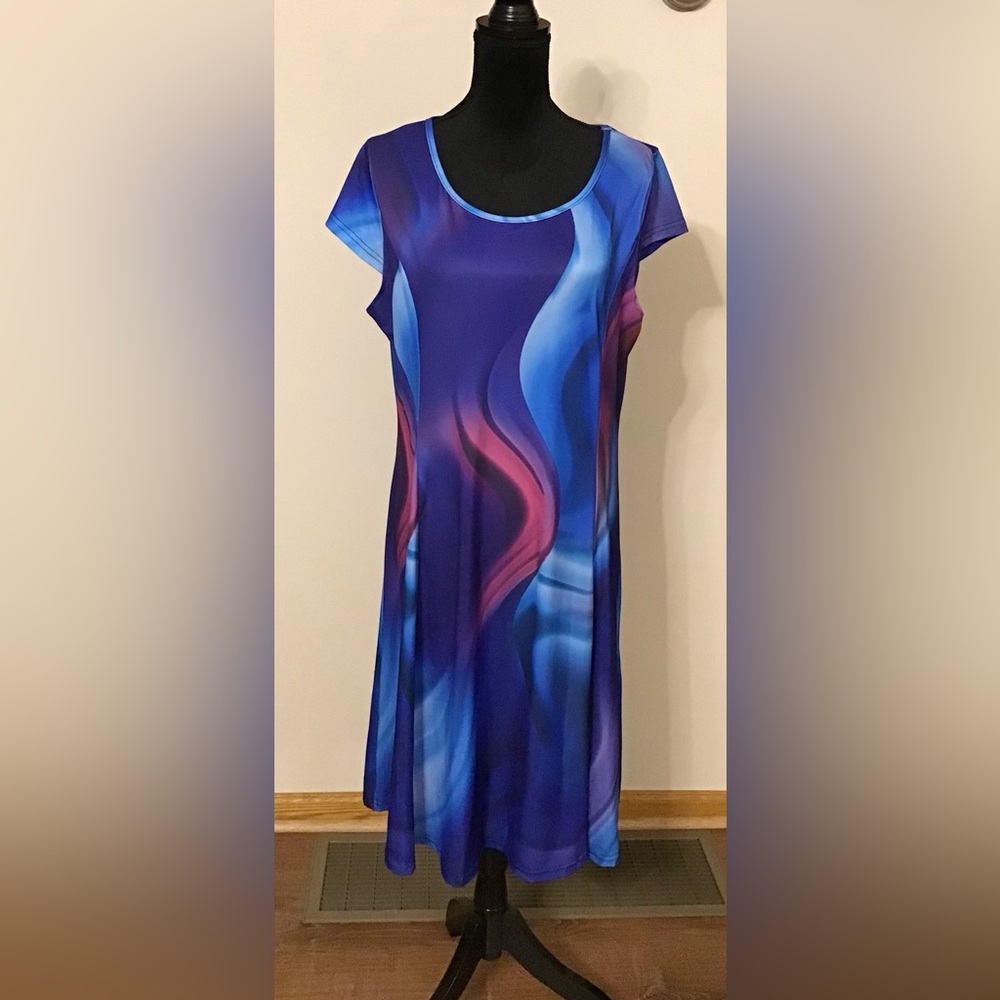 Elegant Blue and Pink Women's Fit and Flair Stretch Dress